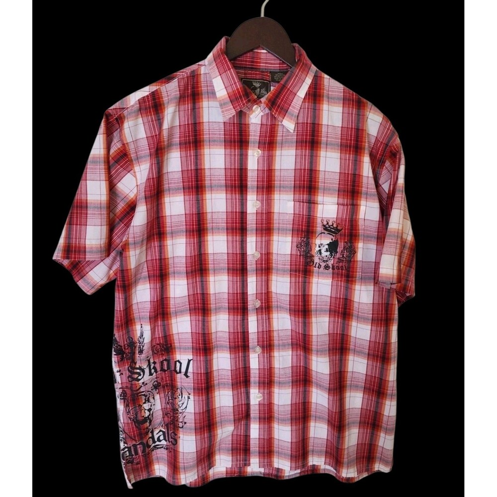 Old Skool Urban Wear Red Plaid Short Sleeve Button Up Shirt Mens M Skull Graphic